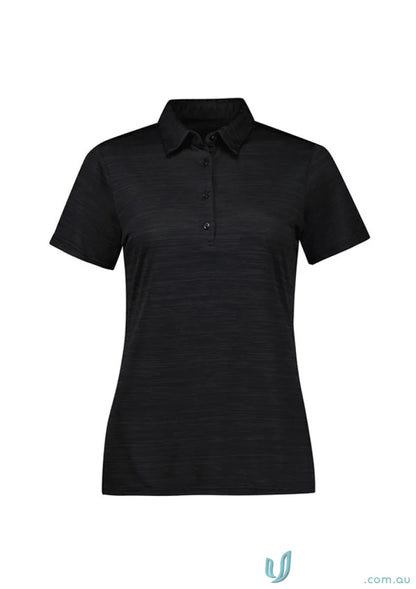 Black short-sleeved ladies Orbit Polo made from certified recycled polyester for biz collection ladies
