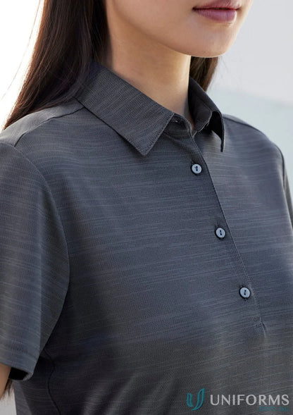 Gray collared shirt from Ladies Orbit Polo made with certified recycled polyester