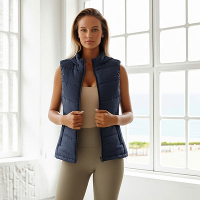 Ladies Outlander eco-thread insulated navy puffer vest with hood