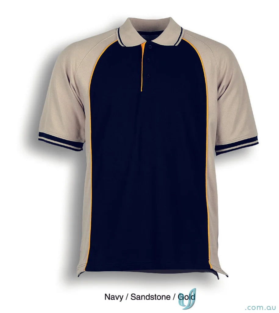 Ladies panel polo in navy, sandstone, and gold, perfect for stylish ladies panel looks