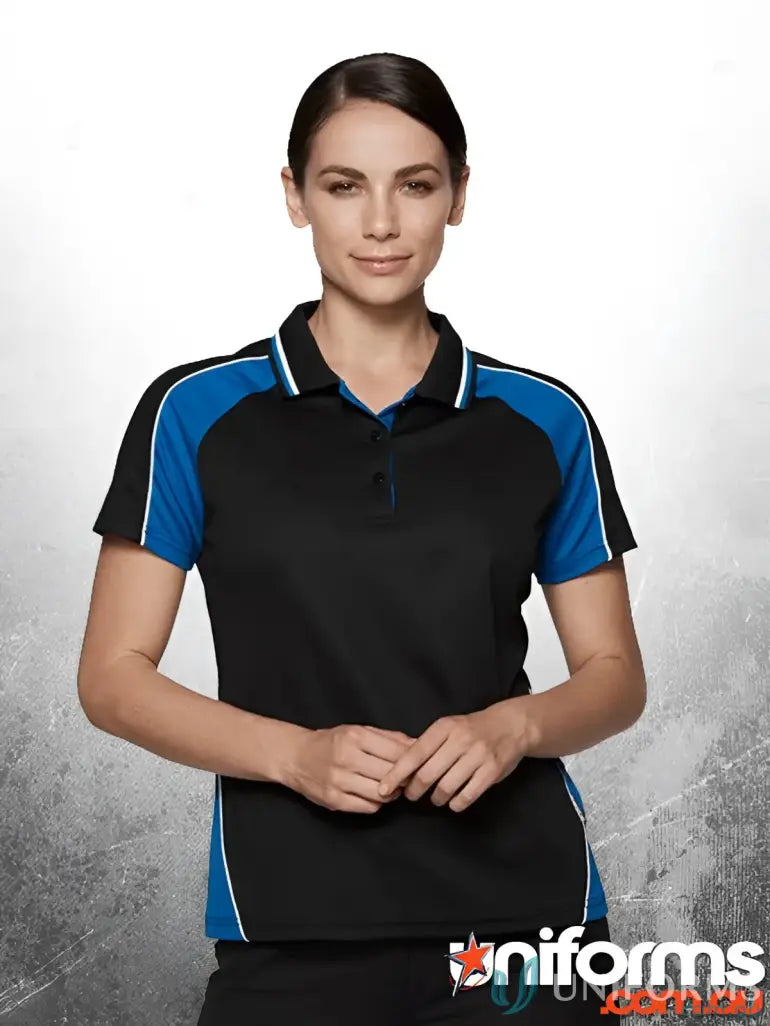 Ladies Panorama Polo black and blue workwear polo shirt perfect for uniforms