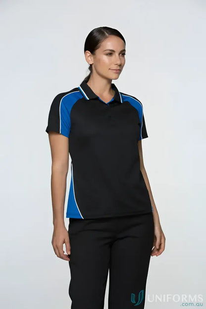 Ladies Panorama Polo in black with blue and white accents on shoulders and sides