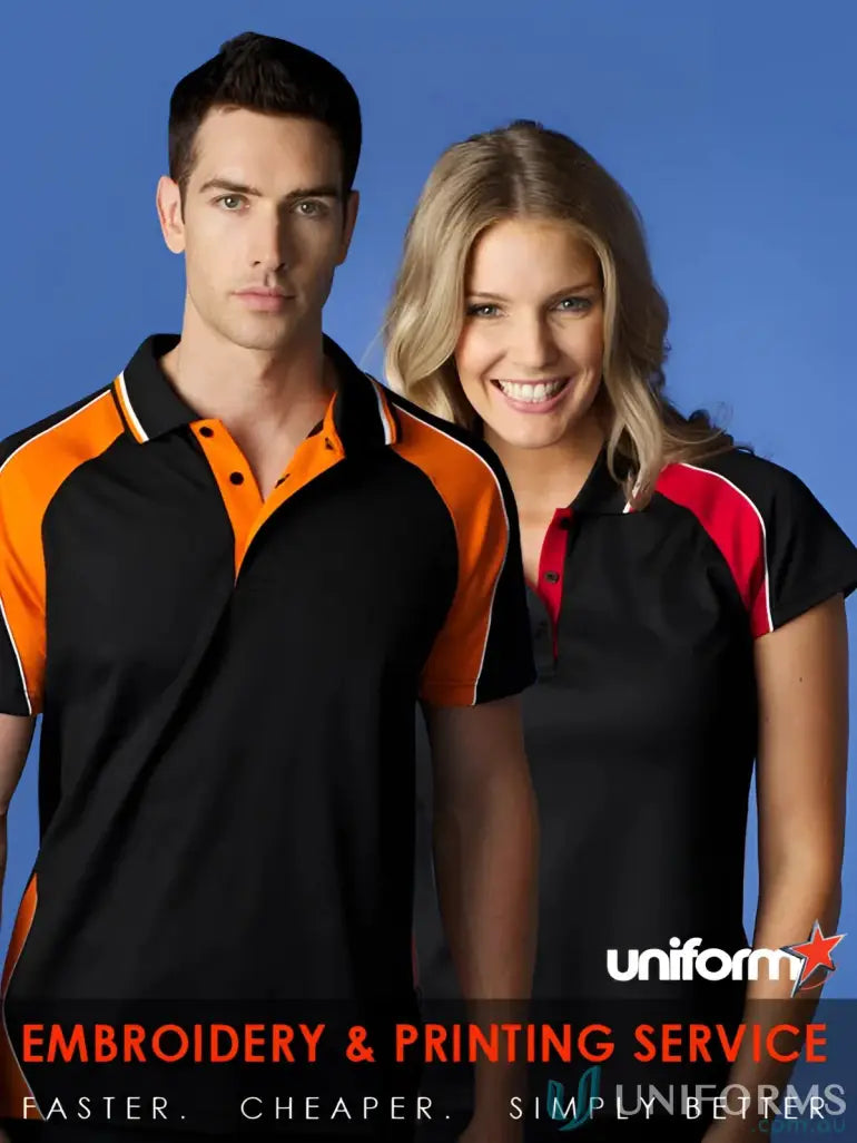 Matching black Ladies Panorama Polo shirts with colorful accents perfect for work uniforms