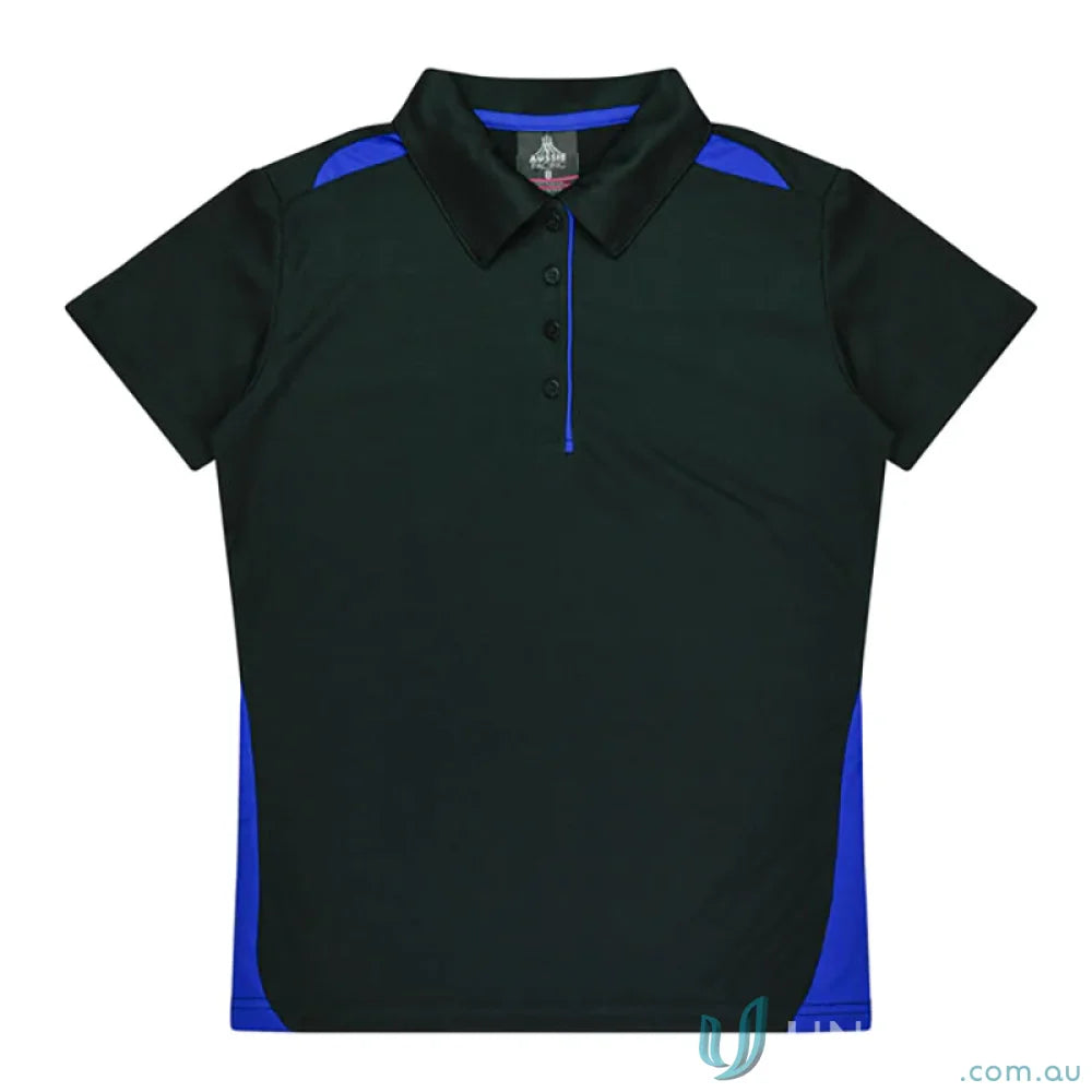 Ladies Paterson Polo in black and blue fabric, perfect for uniforms or workwear