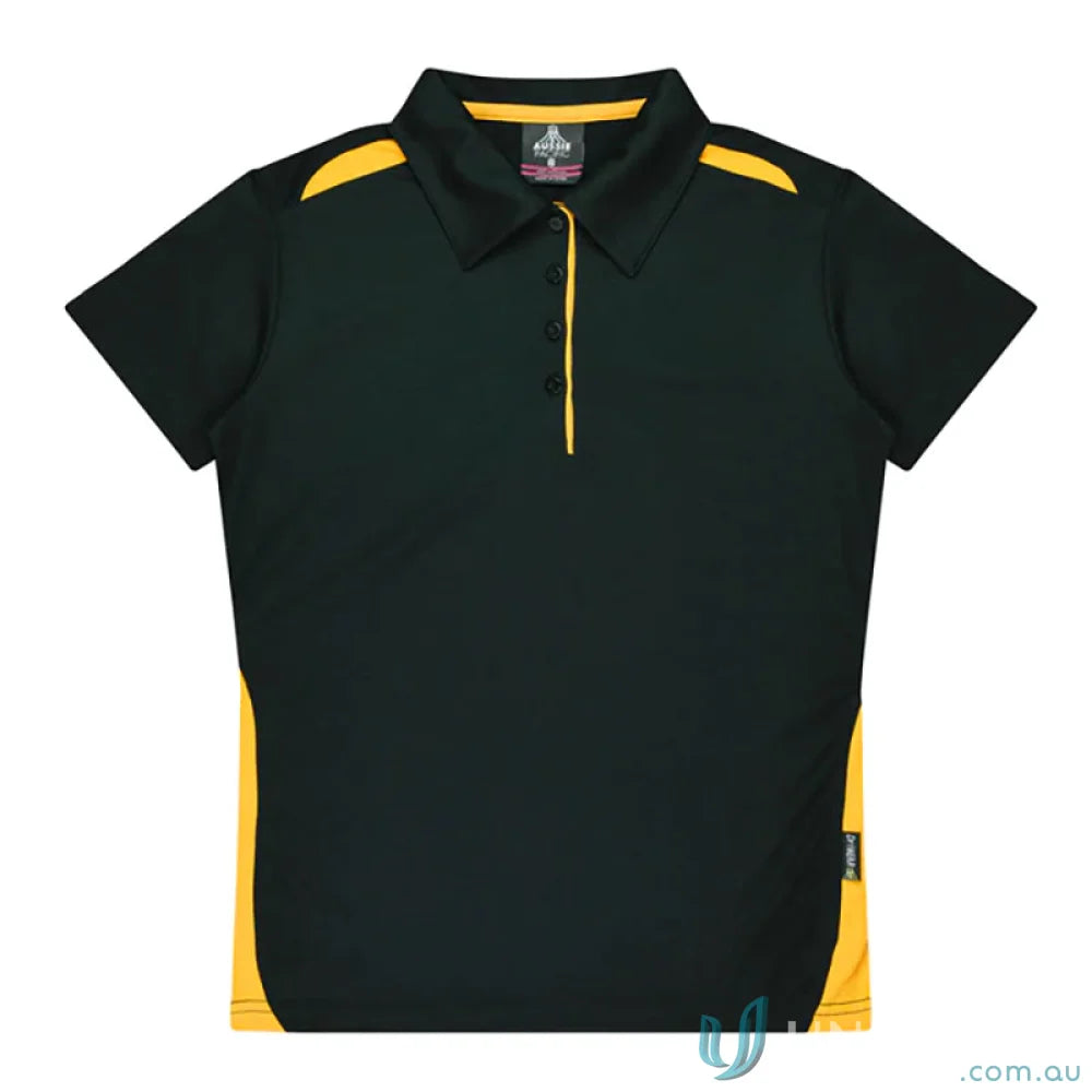 Black and gold Ladies Paterson Polo shirt made from comfy fabric, perfect for workwear