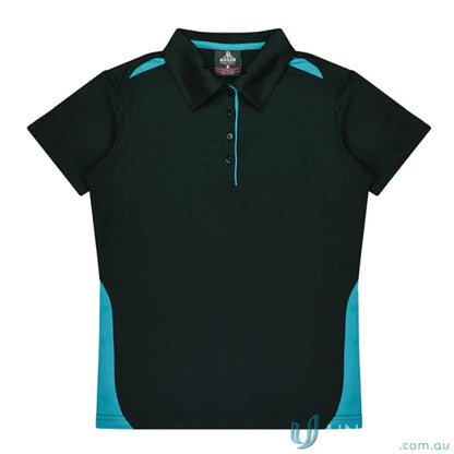Ladies Paterson Polo in black and turquoise fabric ideal for uniforms and workwear