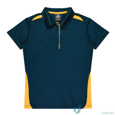 Ladies Paterson Polo in navy and gold fabric, perfect for uniforms or workwear
