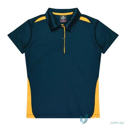 Ladies Paterson Polo in navy and gold fabric, perfect for uniforms or workwear