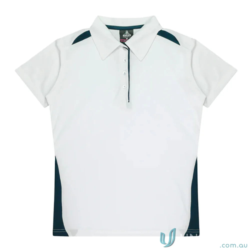 Ladies Paterson Polo in white and dark teal fabric, perfect for uniforms or workwear
