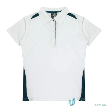 Ladies Paterson Polo in white and dark teal fabric, perfect for uniforms or workwear