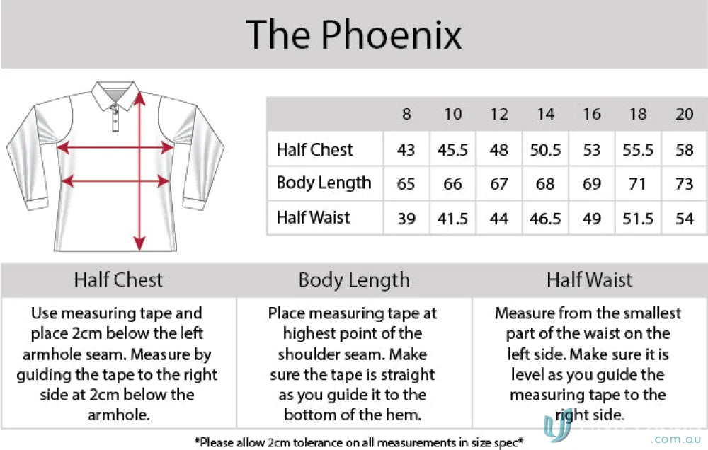 Clothing size chart for Ladies Phoenix LS Polo with cooldry moisture management tech