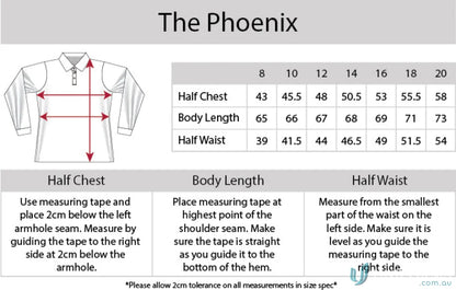 Clothing size chart for Ladies Phoenix LS Polo with cooldry moisture management tech