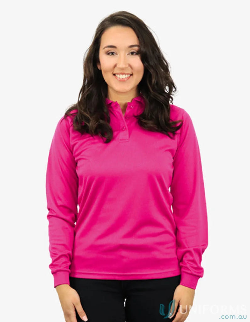Woman wearing Ladies Phoenix LS Polo long sleeve polo with CoolDry moisture management tech
