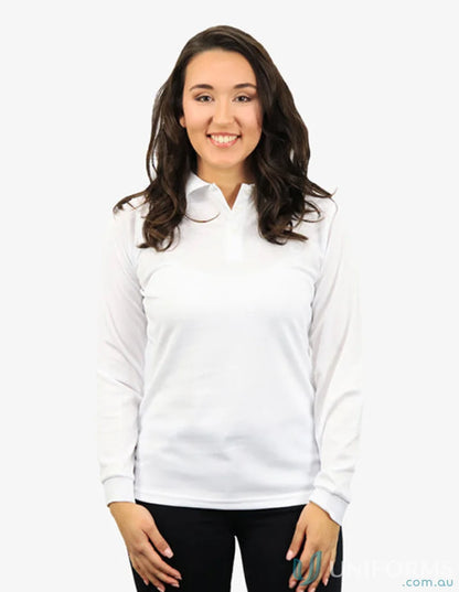 Woman wearing Ladies Phoenix LS Polo with cooldry moisture management tech