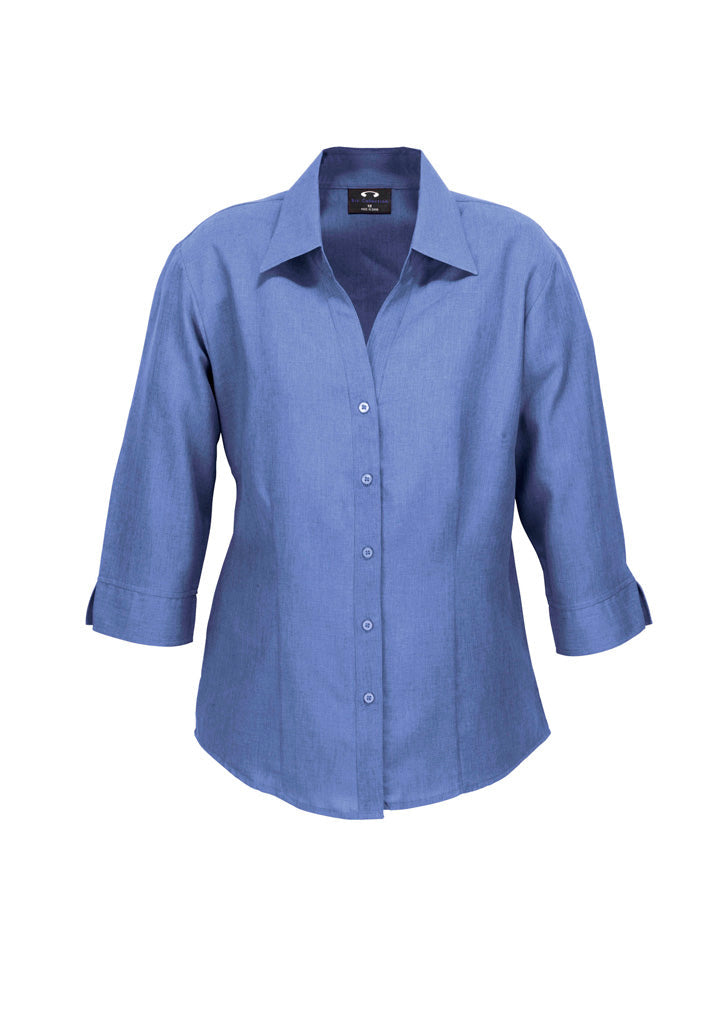 Ladies plain oasis 3Q shirt in blue with crisp collar and moisture-wicking fabric