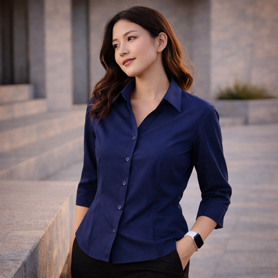 Ladies plain oasis 3Q shirt in navy blue with moisture-wicking fabric