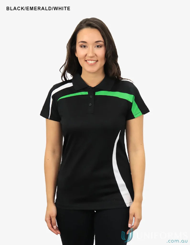 Ladies Planett Polo shirt with cooldry moisture and green white accents BSP2014L