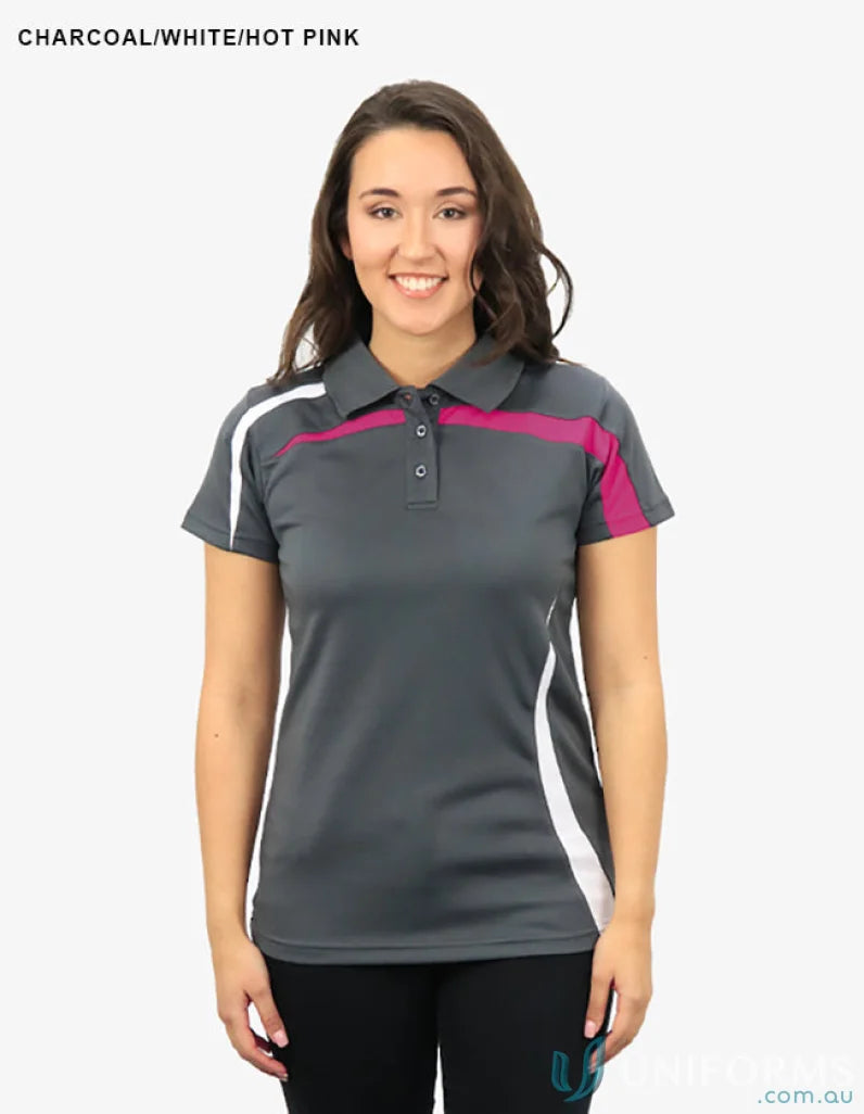 Ladies Planett Polo in charcoal white and hot pink with cooldry moisture tech BSP2014L