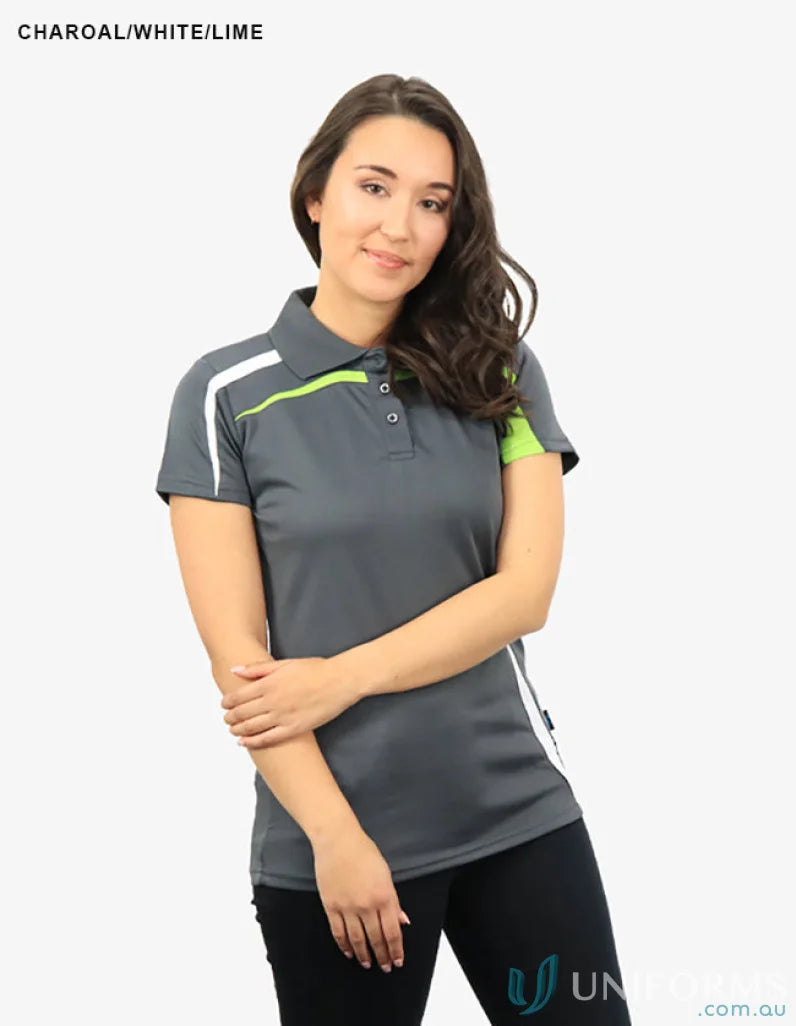 Ladies Planett Polo in charcoal with white lime green accents showcasing cooldry moisture tech