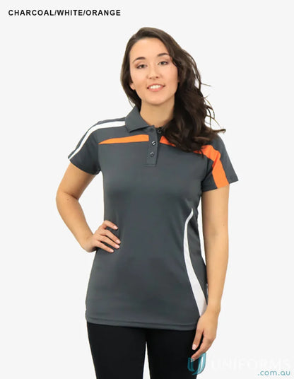 Ladies Planett Polo in charcoal with white orange accents showcasing cooldry moisture tech