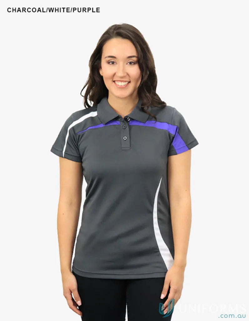 Charcoal gray Ladies Planett Polo with white purple accents and cooldry moisture tech