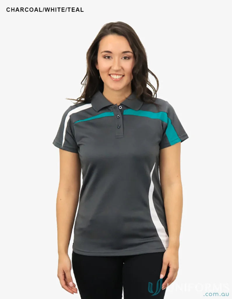 Ladies Planett Polo in charcoal with white and teal accents featuring cooldry moisture tech