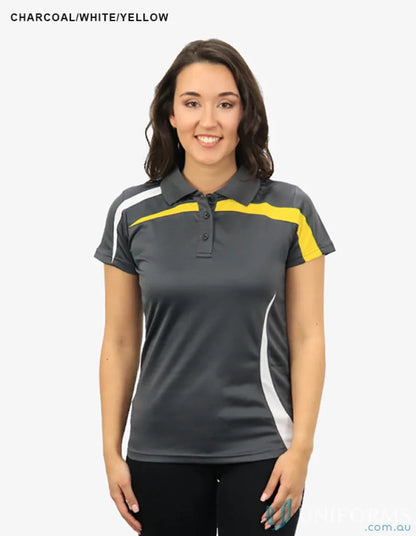 Ladies Planett Polo in charcoal with white yellow accents featuring cooldry moisture tech