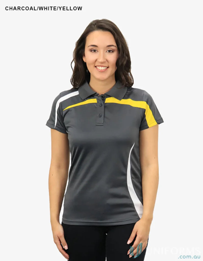 Ladies Planett Polo in charcoal with white yellow accents featuring cooldry moisture tech