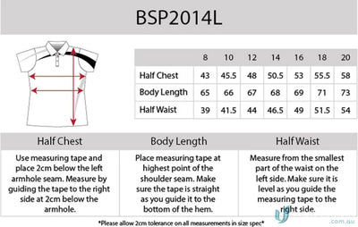 Clothing size chart for Ladies Planett Polo with cooldry moisture management tech