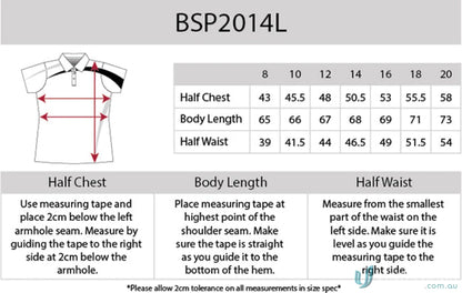 Clothing size chart for Ladies Planett Polo with cooldry moisture management tech