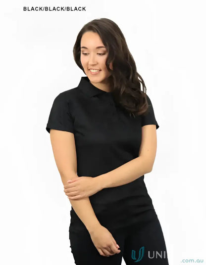 Woman wearing Ladies Planett Polo in dark colors, showcasing bsp2014l short-sleeve black polo
