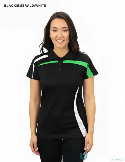 BSP2014L Ladies Planett Polo in black with emerald green and white accents
