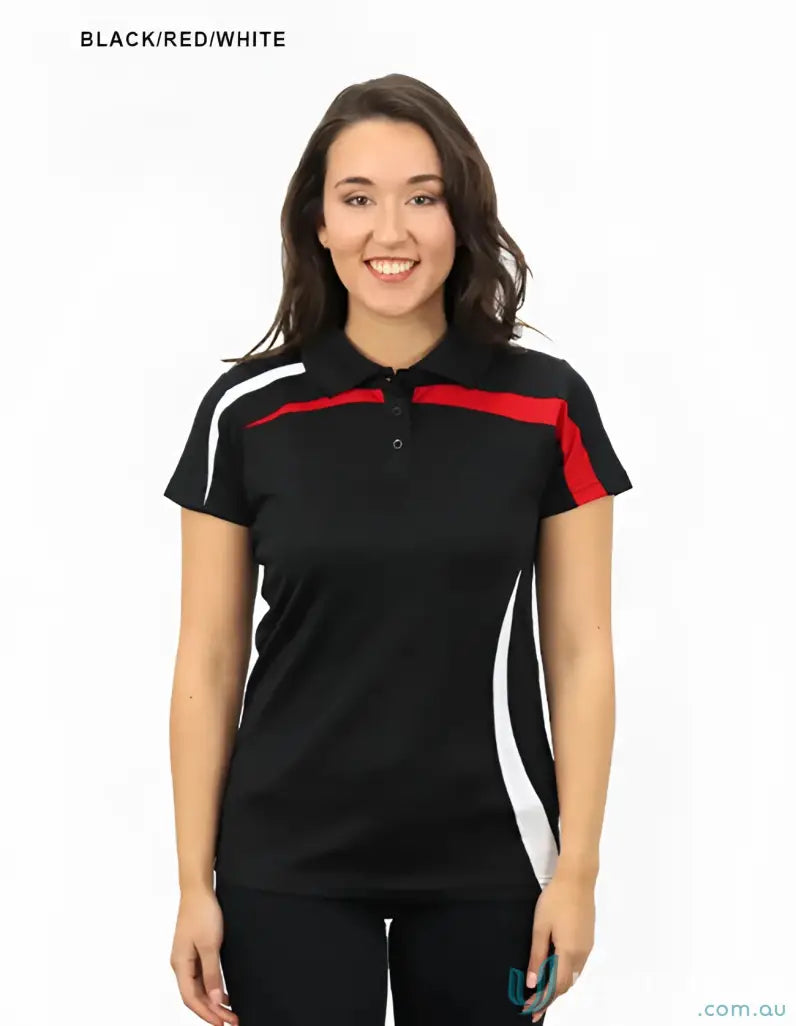 Black, red, and white ladies planett polo shirt bsp2014l for women