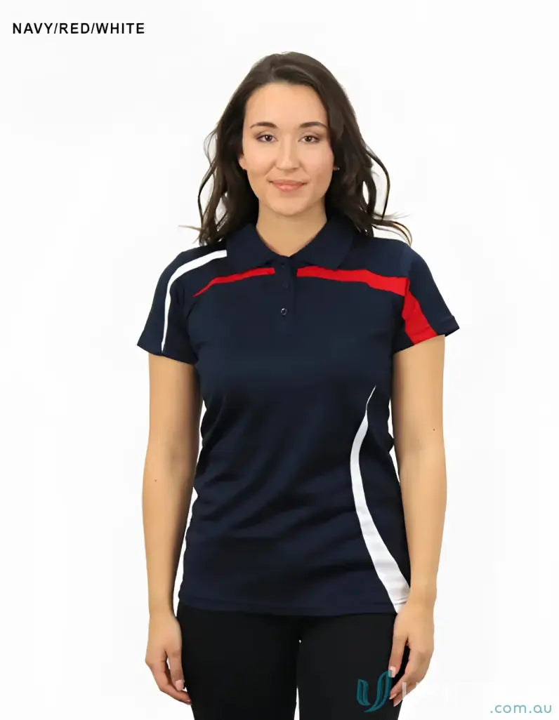 BSP2014L Ladies Planett Polo navy blue short-sleeved shirt with red and white accents