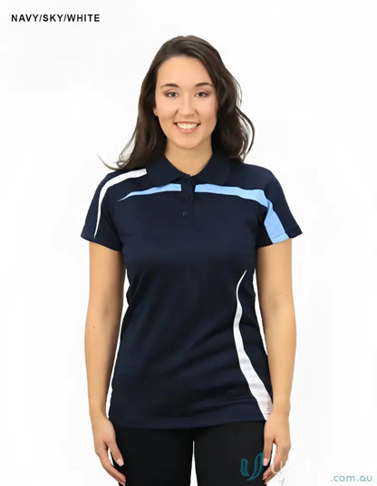 Navy blue Ladies Planett Polo with sky blue and white accents bsp2014l