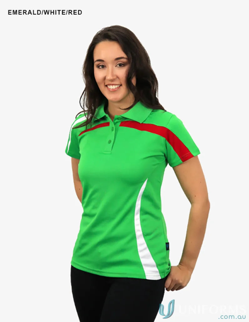Ladies Planett Polo shirt with cooldry moisture tech, bright green, red stripes, white panels