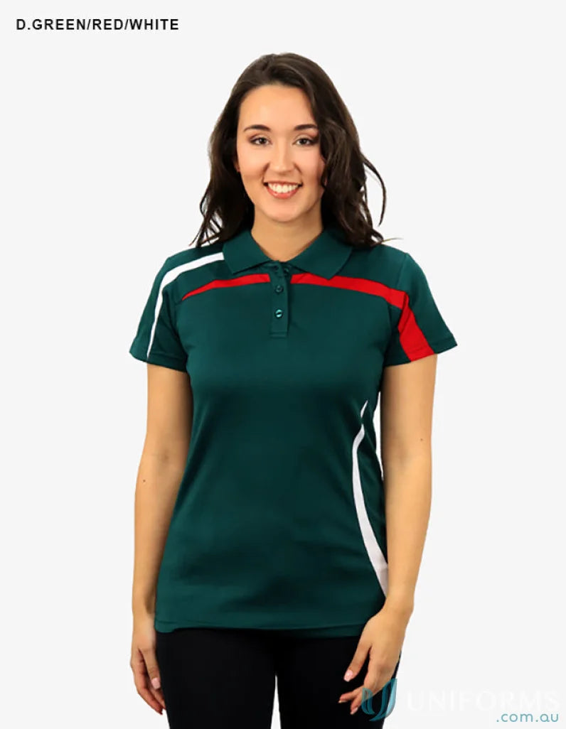 Ladies Planett Polo in dark green with red and white accents, featuring cooldry moisture technology