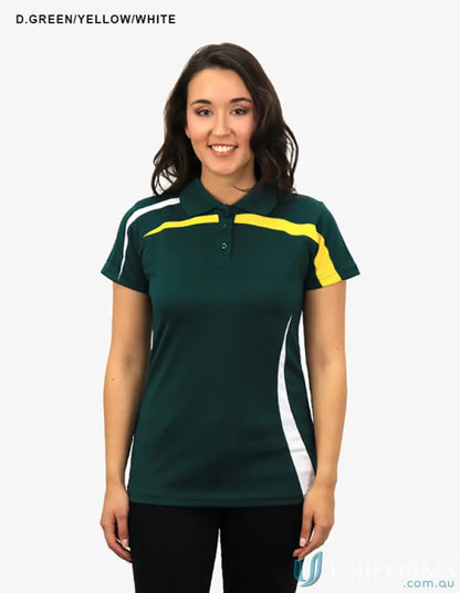 Dark green Ladies Planett Polo with yellow and white accents, featuring cooldry moisture tech