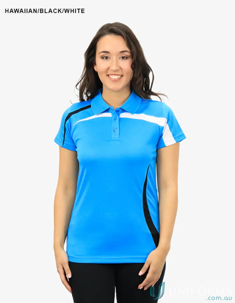Ladies Planett Polo shirt in bright blue with black and white accents, cooldry moisture tech