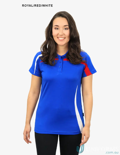 Ladies Planett Polo in royal blue red and white with cooldry moisture management tech