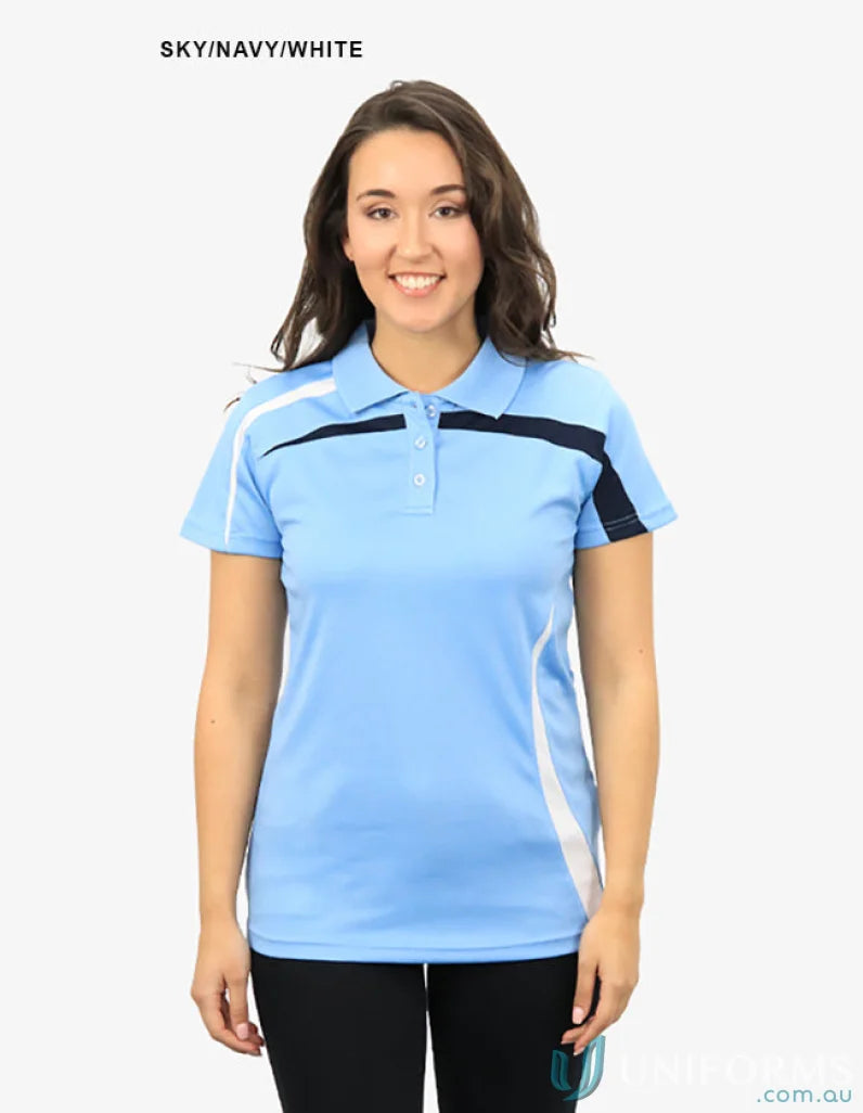 Ladies Planett Polo in sky blue with navy and white accents, featuring cooldry moisture tech