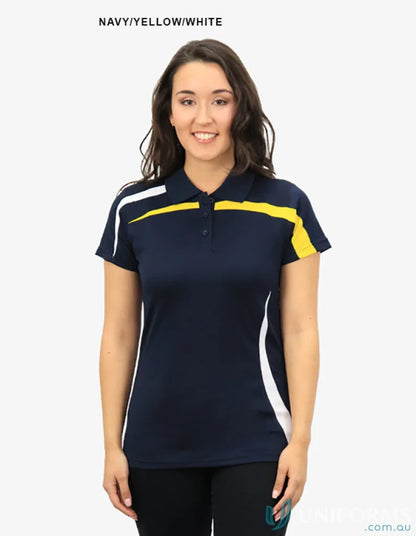 Lady in navy blue Ladies Planett Polo with cooldry moisture management tech
