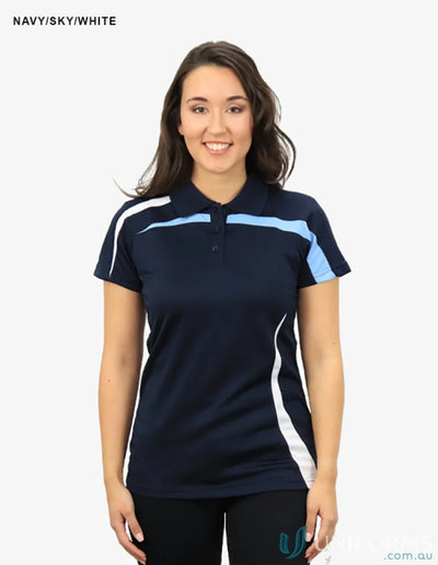 Ladies Planett Polo in navy blue with sky blue and white accents showcasing cooldry moisture tech