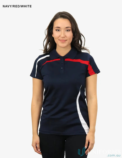 Ladies Planett Polo navy blue with red white accents, cooldry moisture tech bsp2014l