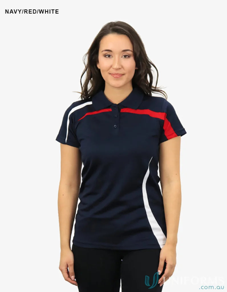 Ladies Planett Polo navy blue with red white accents, cooldry moisture tech bsp2014l
