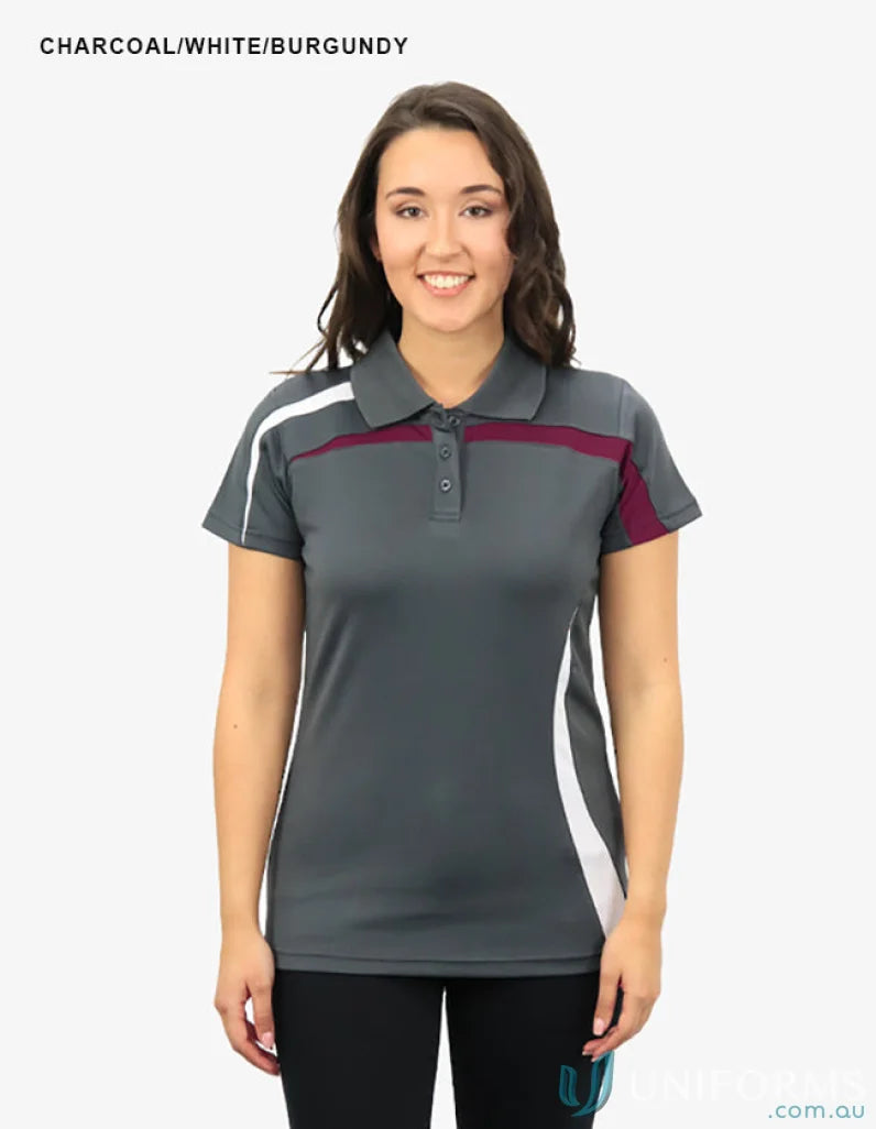 Ladies Planett Polo in charcoal grey with white and burgundy accents showcasing cooldry moisture tech