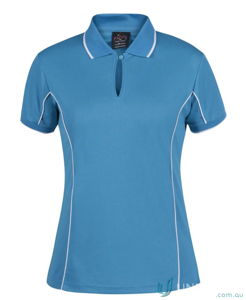 Blue JB’s Ladies Podium Piping Polo with white trim, perfect to stay cool