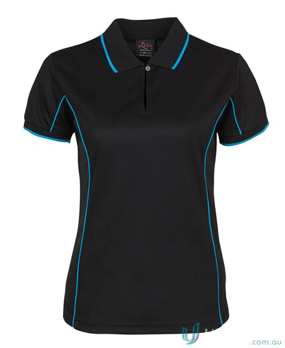 Black JB’s Ladies Podium Piping Polo with blue trim for staying cool and stylish