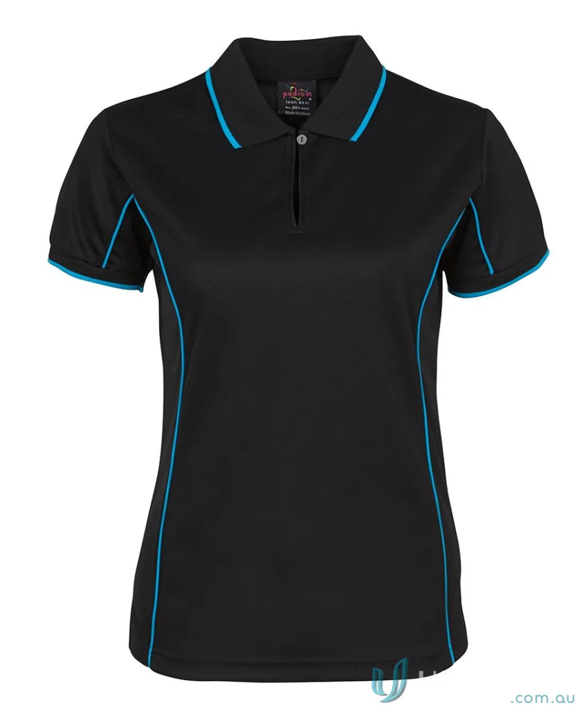 Black JB’s Ladies Podium Piping Polo with blue trim for staying cool and stylish