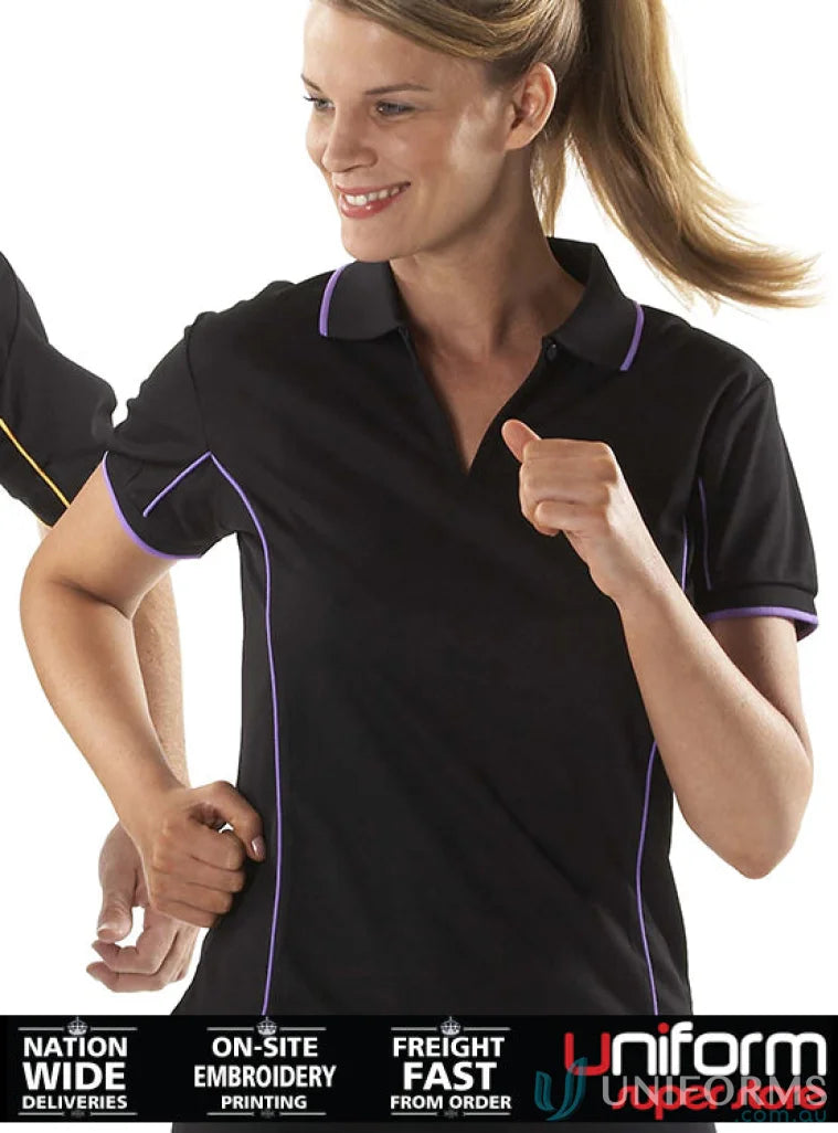 Black JB’s Ladies Podium piping polo 7lpi with purple trim, perfect to stay cool